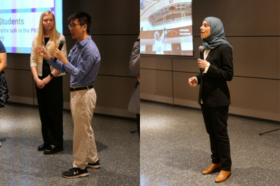 Scenes from the 2023 MIT Research Slam: PhD category winner Eric Wang (left) fields questions from the audience. Alaa…