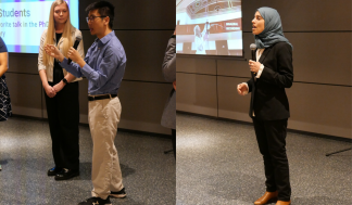 Scenes from the 2023 MIT Research Slam: PhD category winner Eric Wang (left) fields questions from the audience. Alaa…