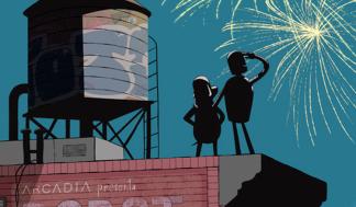 Illustration of two robots on the roof of a building under the night sky