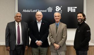 Provost Anantha Chandrakasan joined (from left) Bruce Currie from JIMCO Life Sciences and MIT professors Jim Collins and…