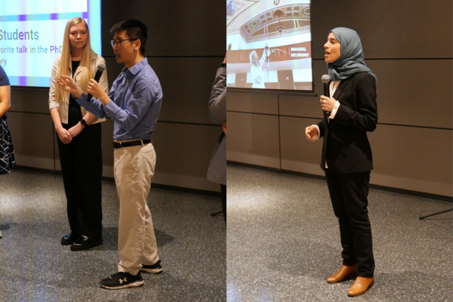 Scenes from the 2023 MIT Research Slam: PhD category winner Eric Wang (left) fields questions from the audience. Alaa…
