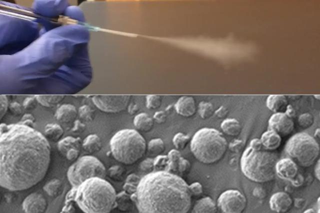 MIT engineers have designed diagnostic particles that can be aerosolized and inhaled. At bottom is a scanning electron…