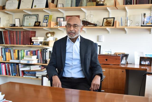 Emery Brown, seen in his MIT Building 46 office at The Picower Institute, is the Edward Hood Taplin Professor of Medical…